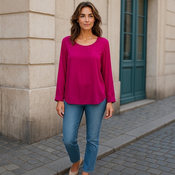 Banana Republic Silky Long-Sleeved Crew-Neck Blouse in Fuchsia Pink Size Medium - Picture 1 of 8